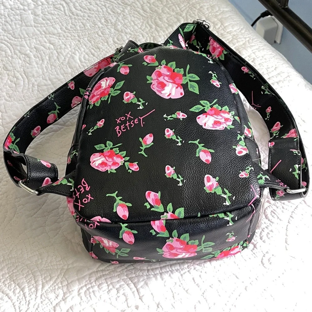 Betsey Johnson Floral Black Mini Backpack with Pink Accents - Picture 5 of 12